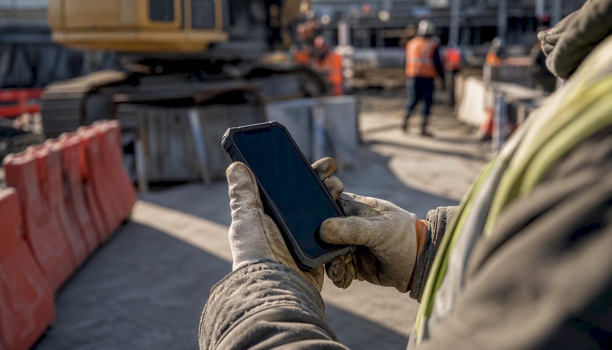 Hands holding mobile device on construction site