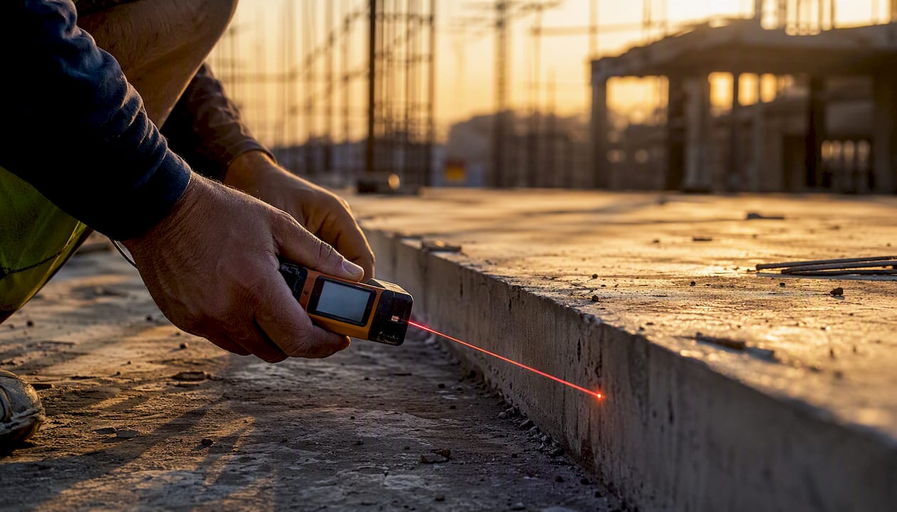 Subcontractor measuring slab with laser meter