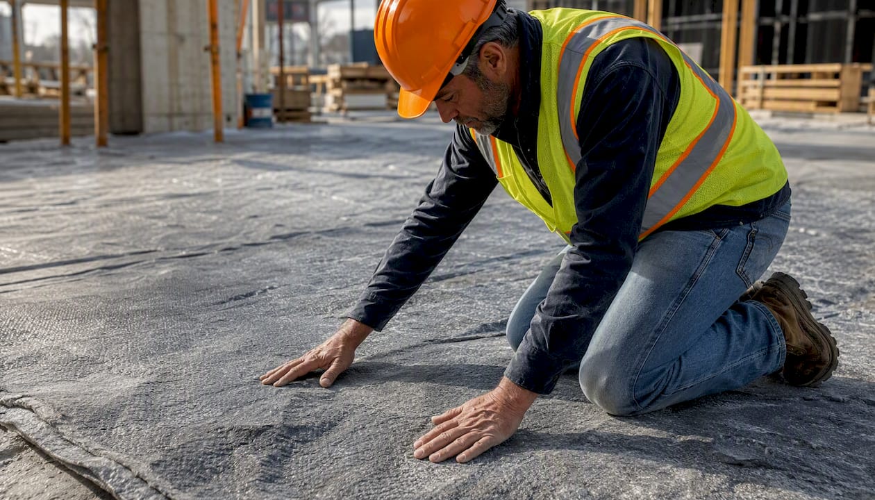 Foreman inspecting curing concrete slab