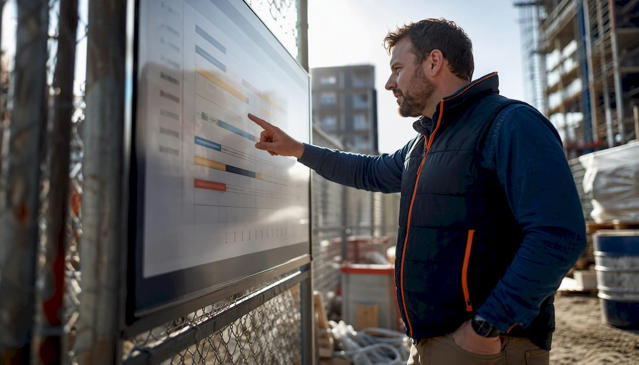 Subcontractor checking construction schedule outdoors