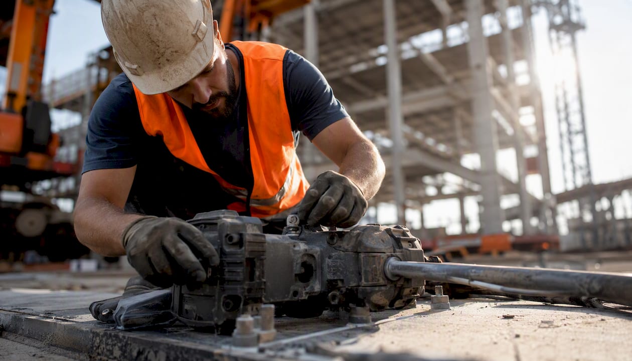 Hands adjusting power tool on construction site