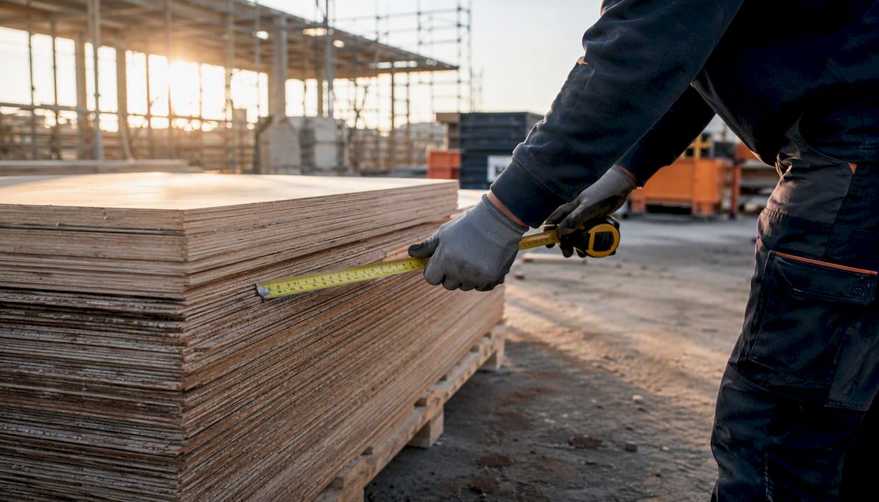 Gloved hands measuring lumber on site