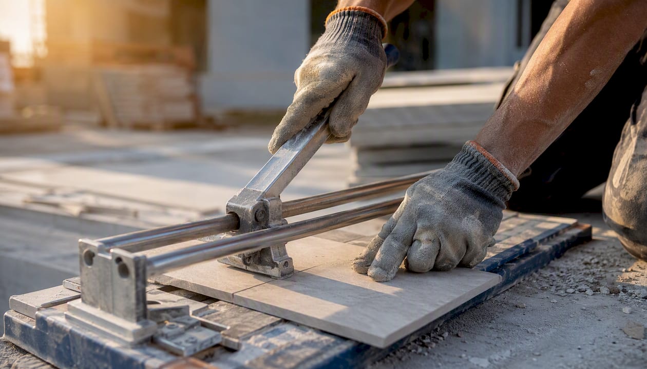 Construction worker cutting tile manually