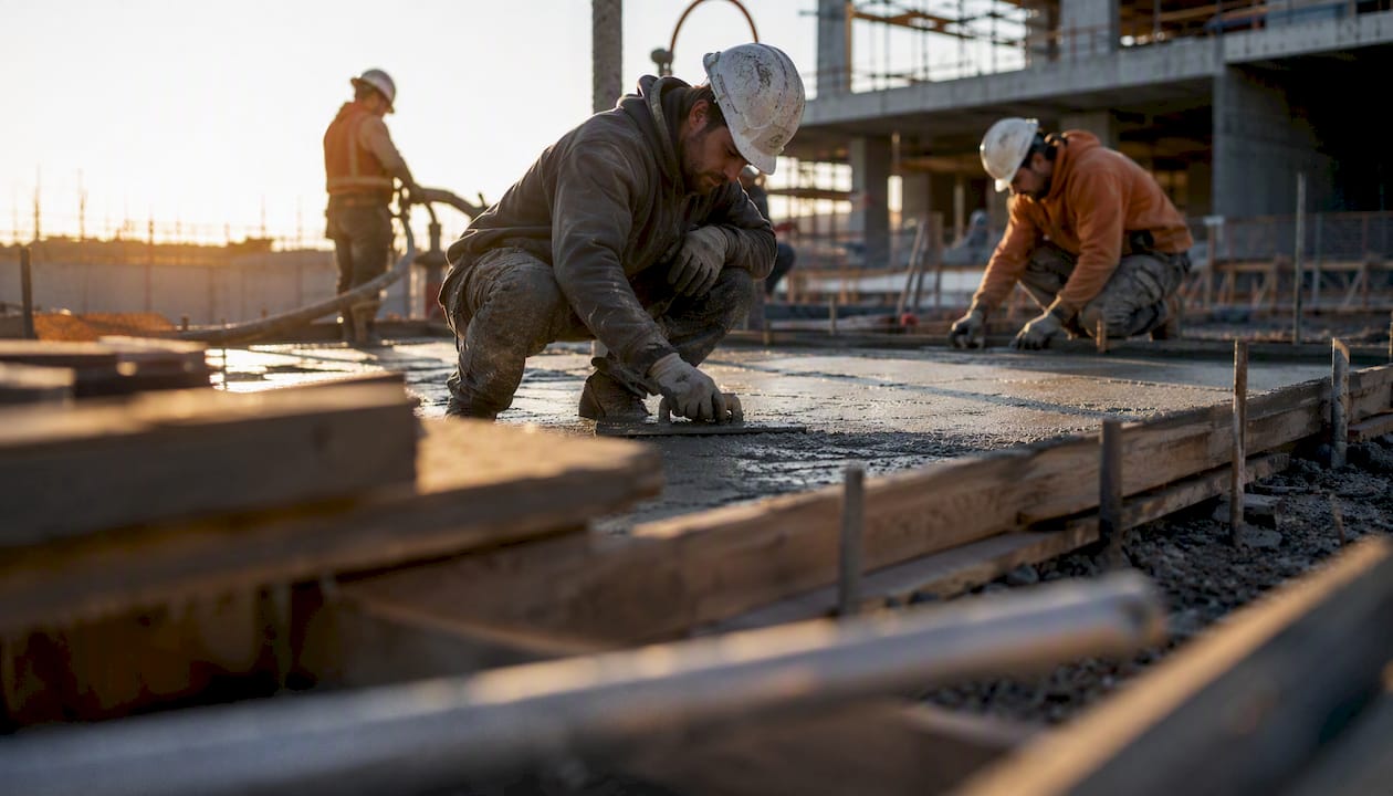 Skilled construction workers leveling concrete