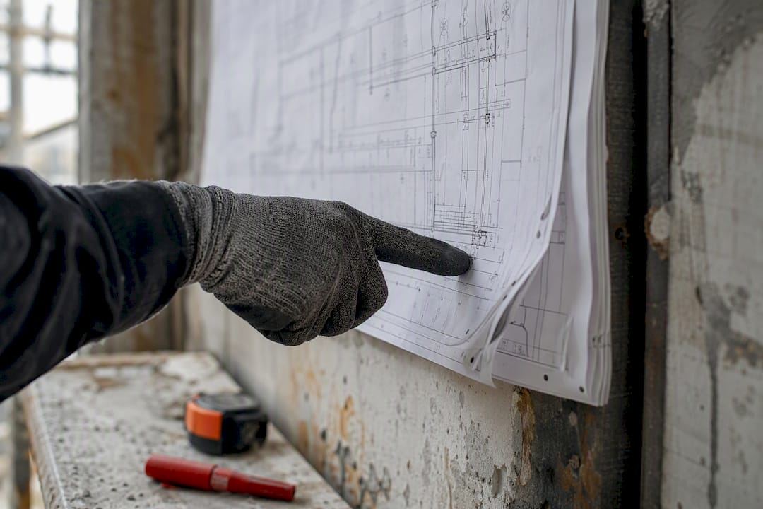 Hand pointing to blueprint section with revisions