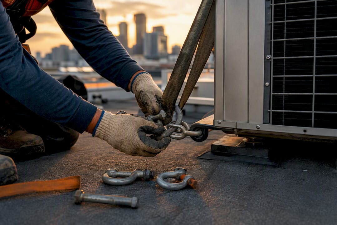 Hands attaching rigging straps to rooftop HVAC unit