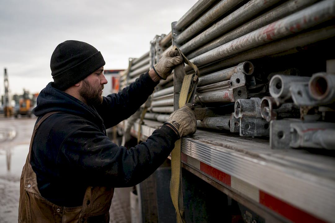 Hands detaching lifting straps from equipment on trailer
