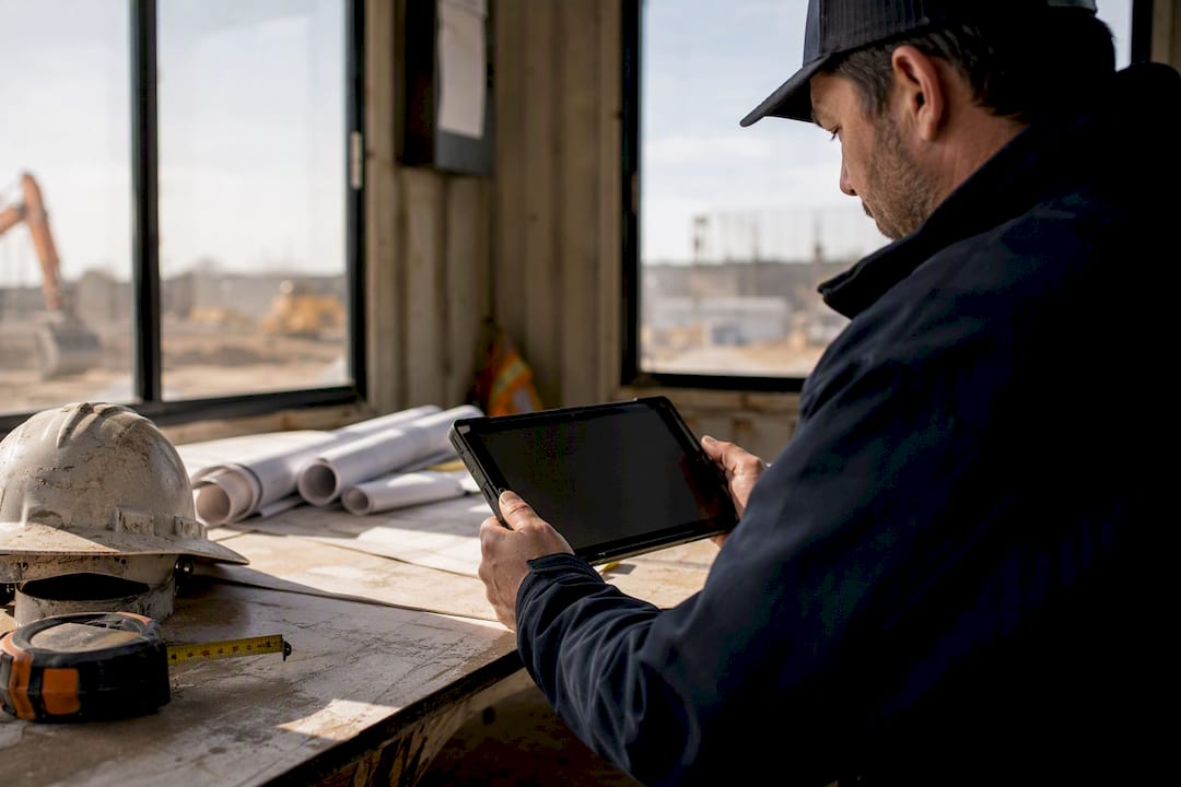 Subcontractor hands using tablet at construction site