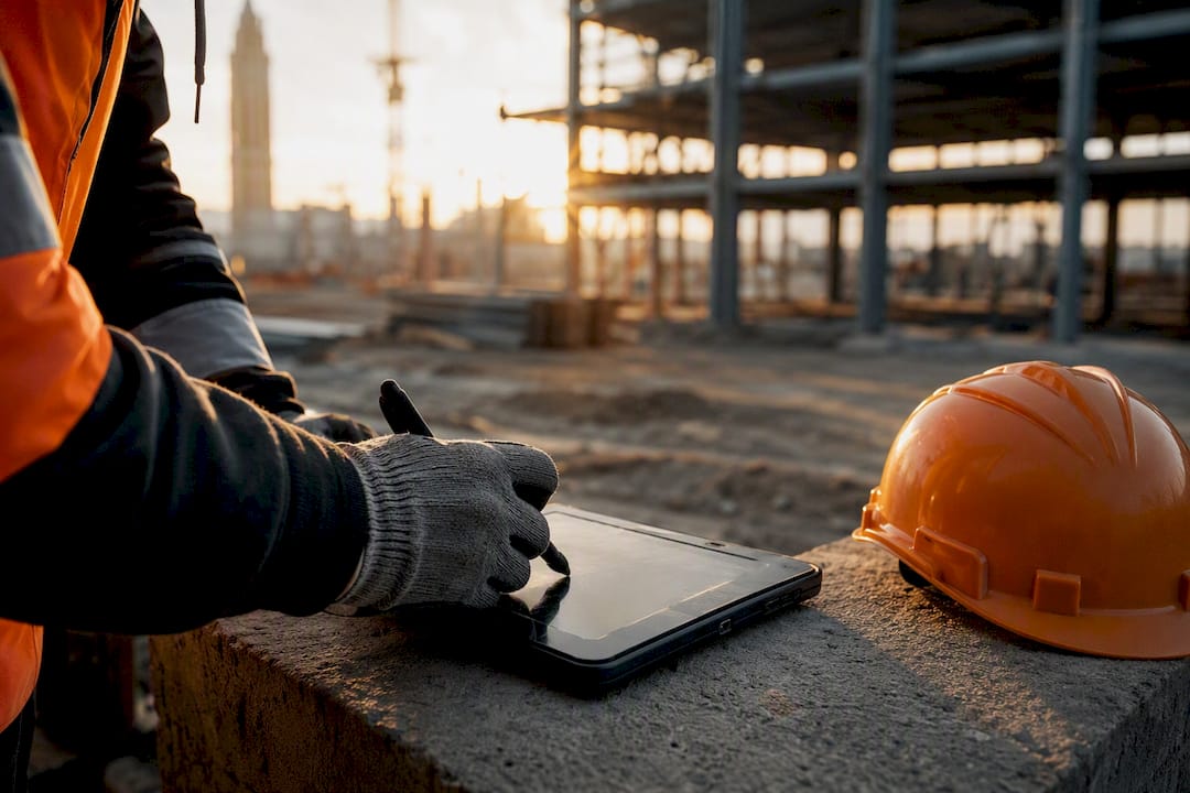 Gloved hand signing digital change order on site