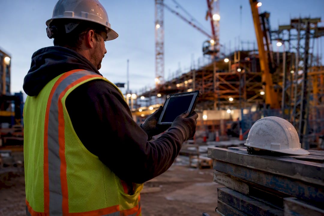 Construction worker capturing digital TM ticket onsite