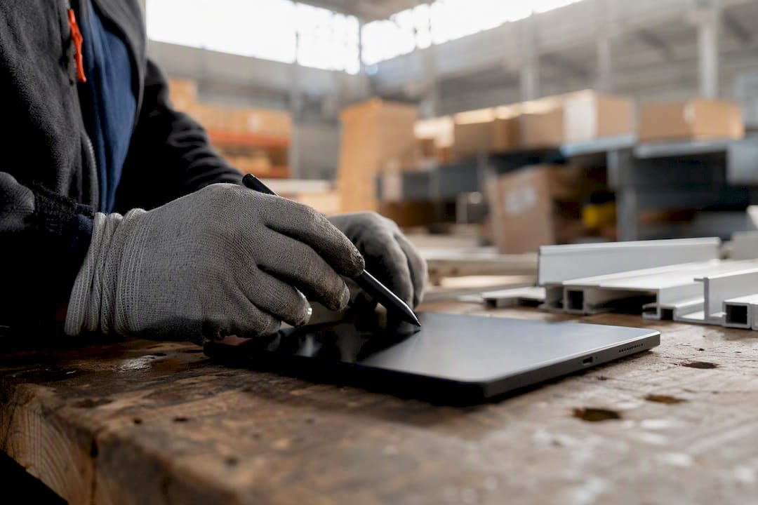 Hands preparing digital takeoff on tablet device