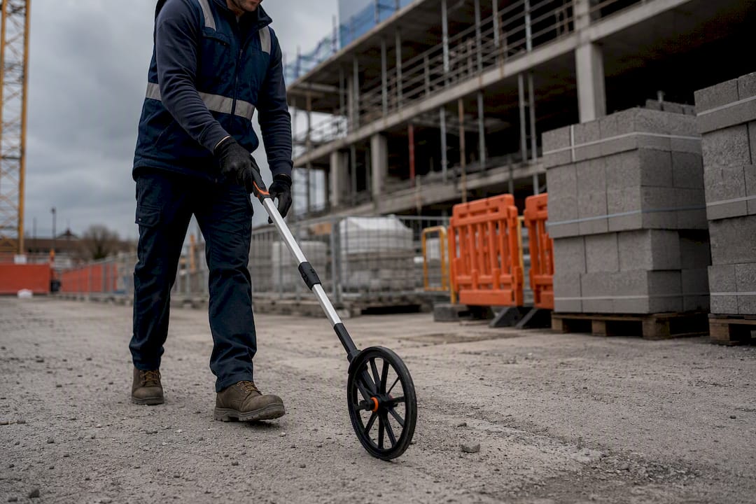 Estimator measuring concrete slab with wheel