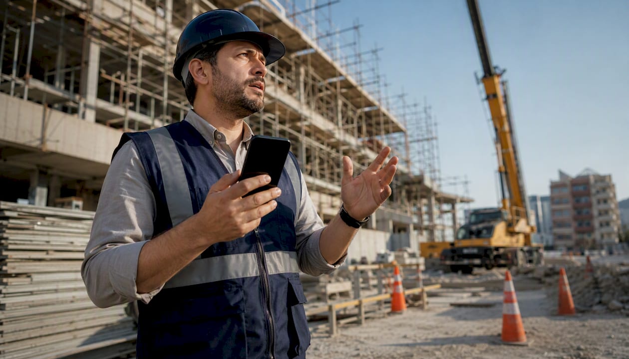 Foreman holding smartphone at construction site