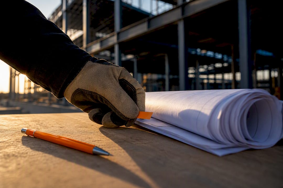Subcontractor reviewing construction plan revisions