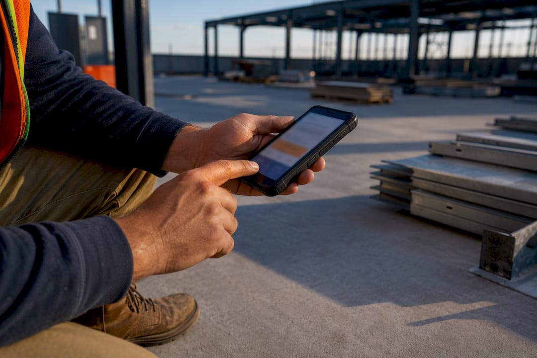 Worker verifying hours on a construction site