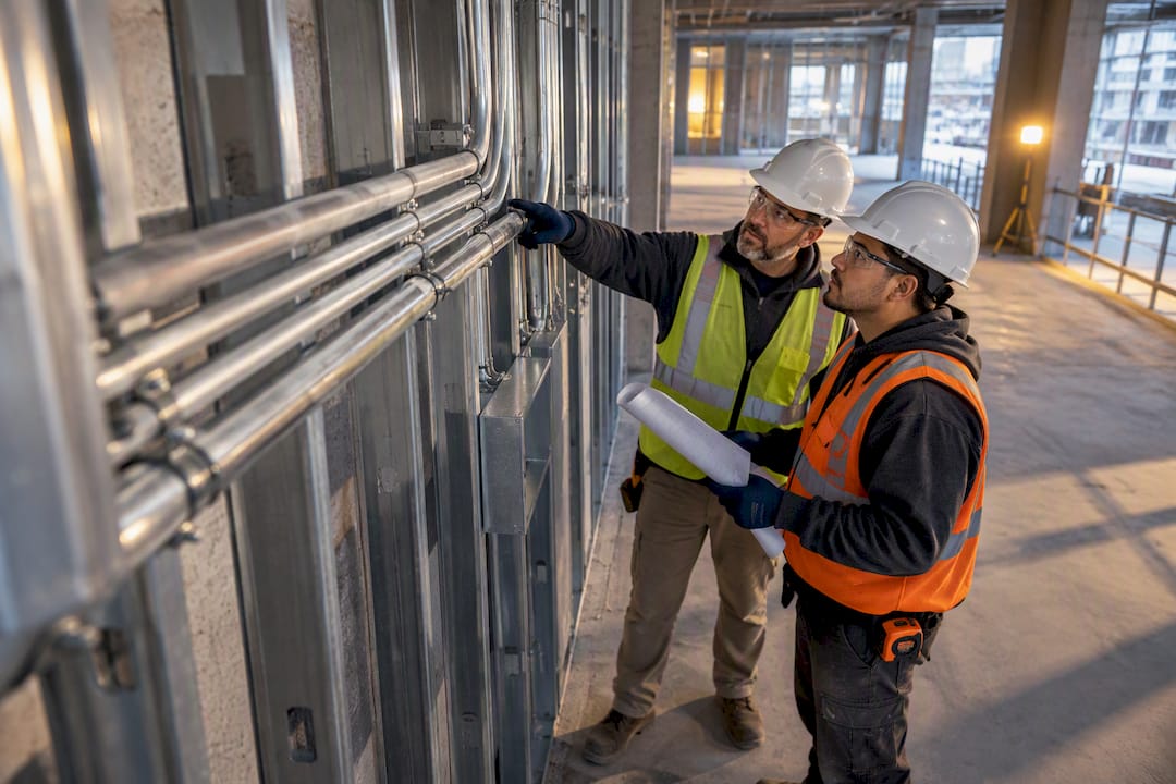 Subcontractors inspecting rerouted conduit installation