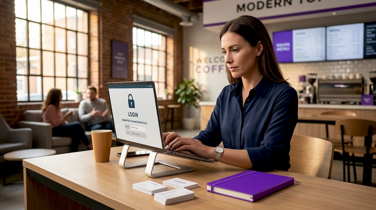 Hands typing on laptop with secure payment screen
