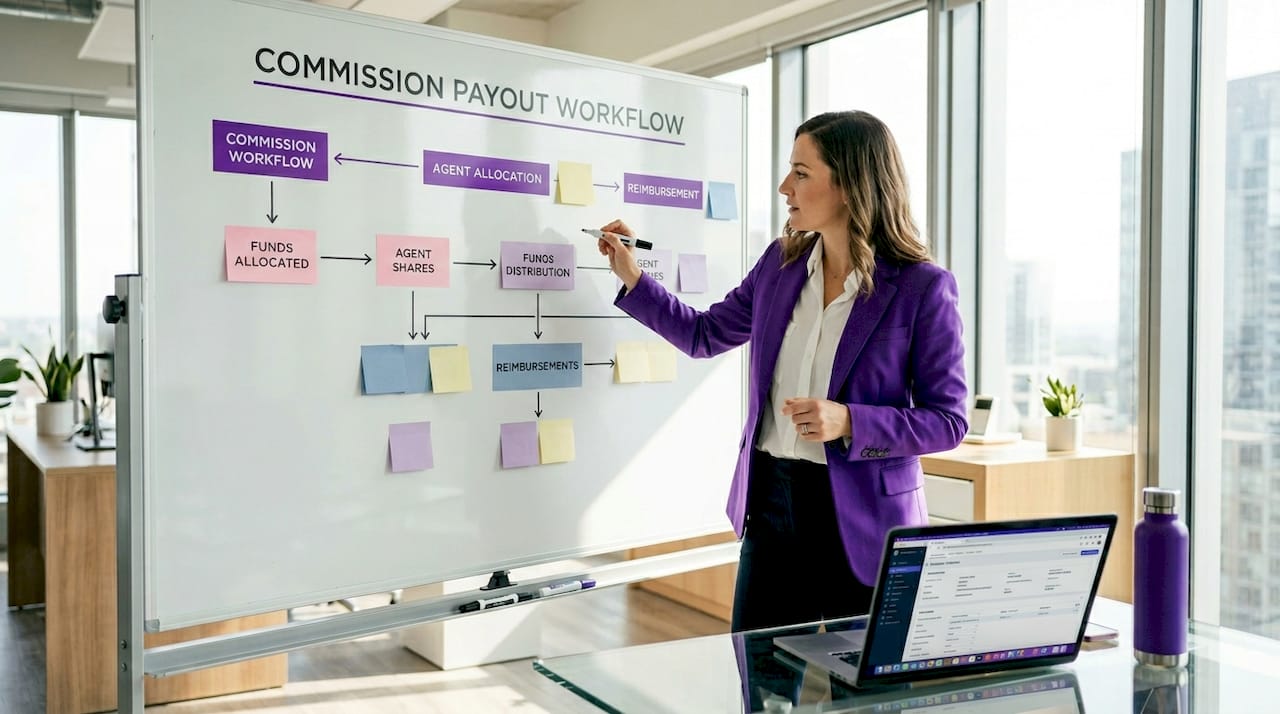 Hands mapping commission payout workflow on whiteboard
