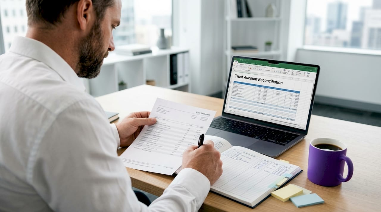 Bookkeeper reconciling trust account transactions