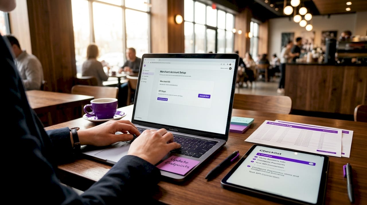 Hands typing merchant ID configuration on laptop