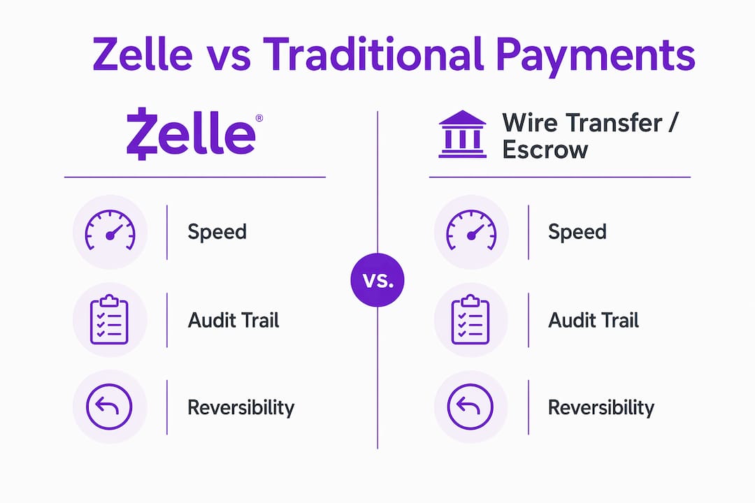 Infographic comparing Zelle and wire transfers in real estate