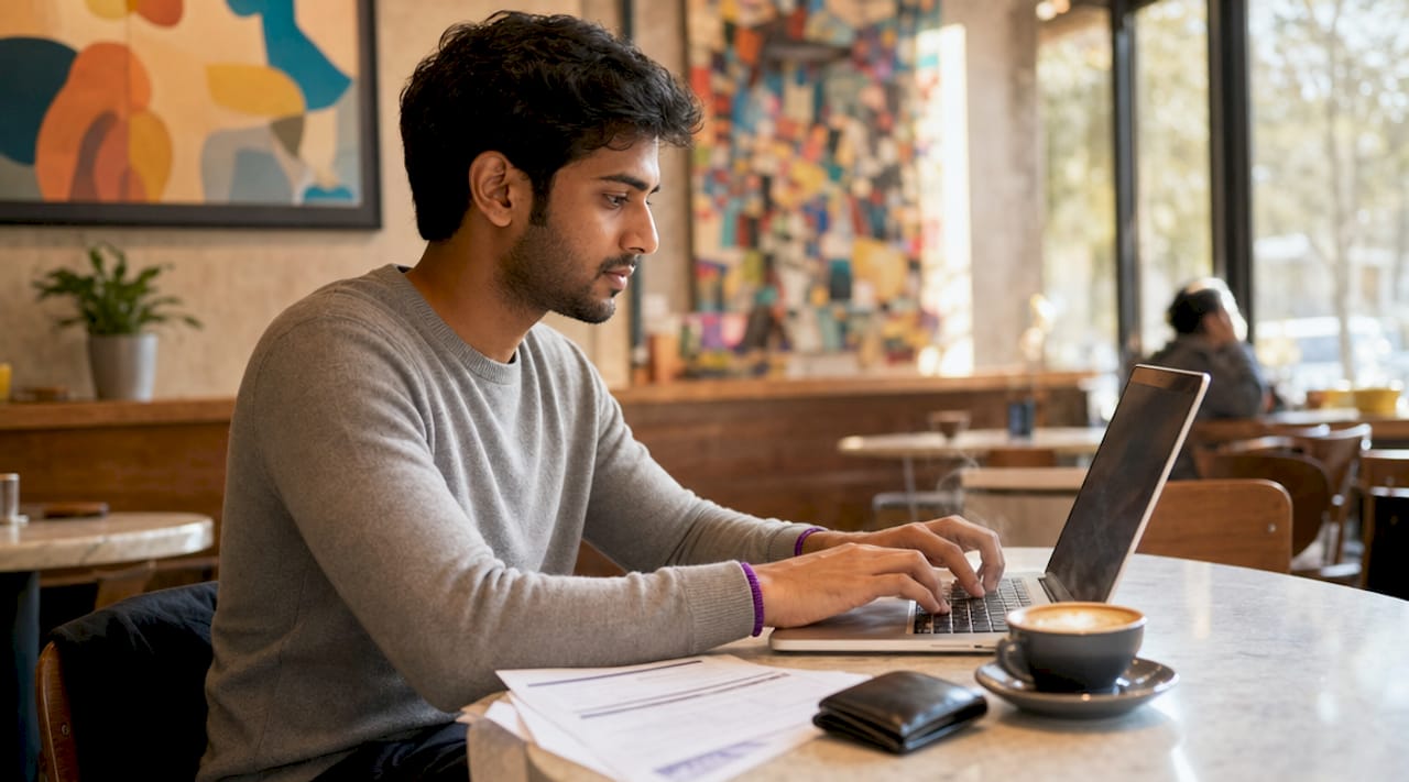 Hands typing bank verification data on laptop