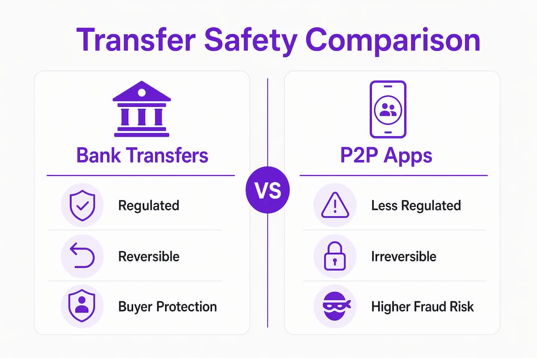 Infographic comparing bank transfers and P2P app security