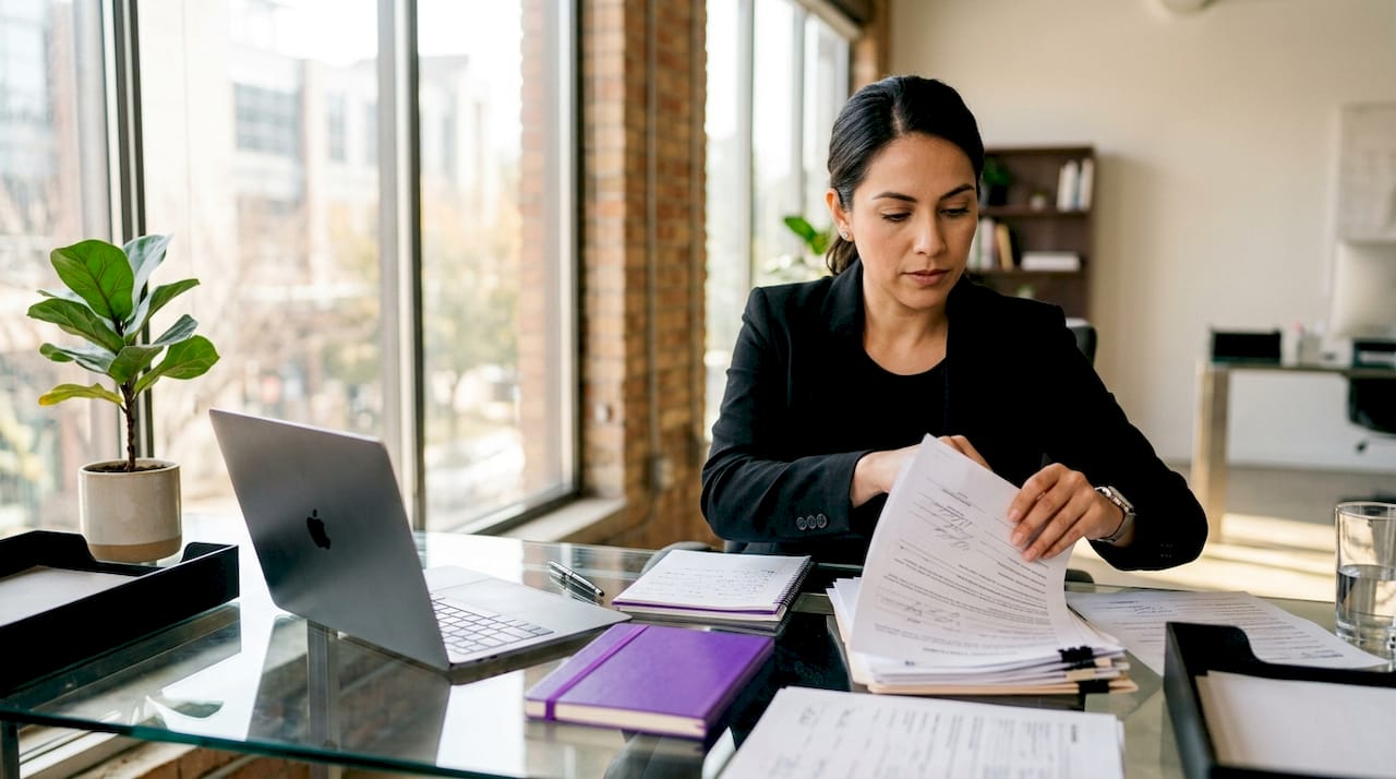 Hands organizing real estate business account documents