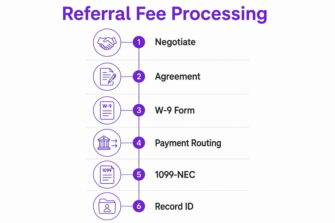 Infographic summarizing steps to process referral fees