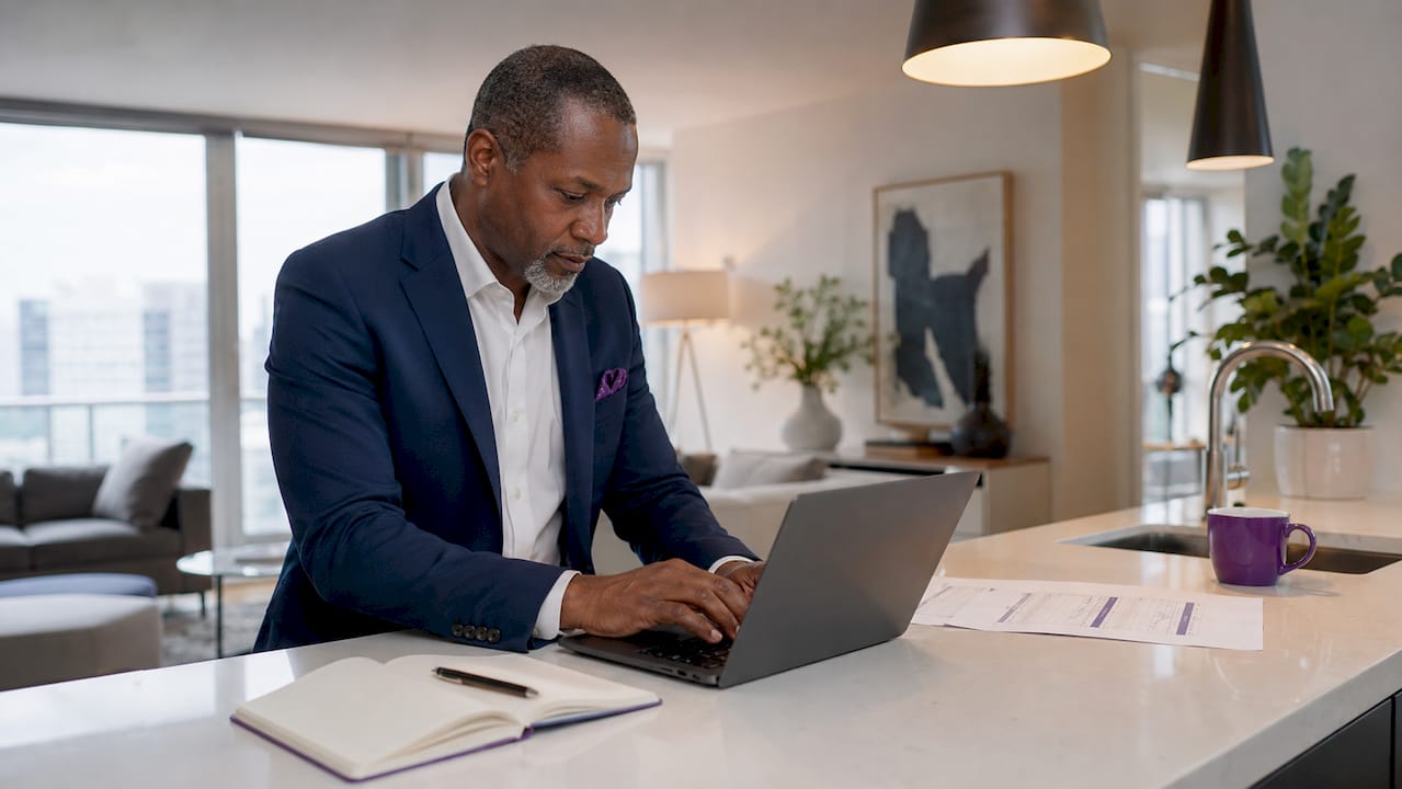 Hands typing on laptop keyboard in home office