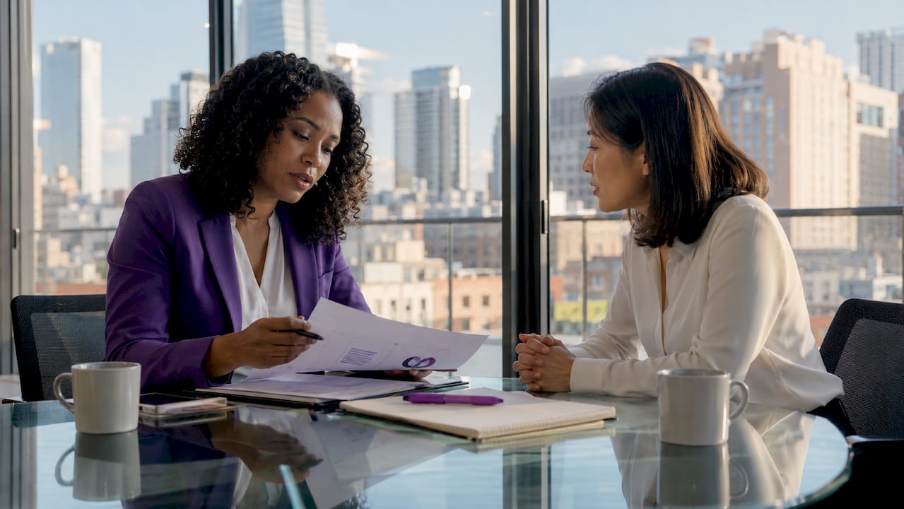Two businesswomen discussing payment fraud risks in office