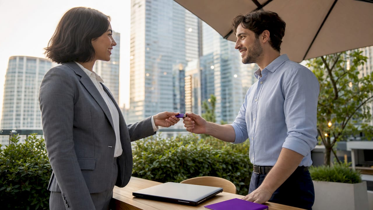 Hands exchanging USB drive in modern meeting room