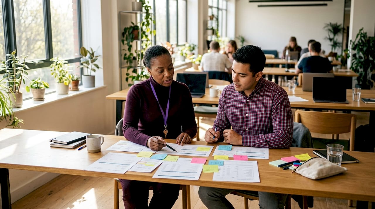 Two professionals verifying split payment documents together