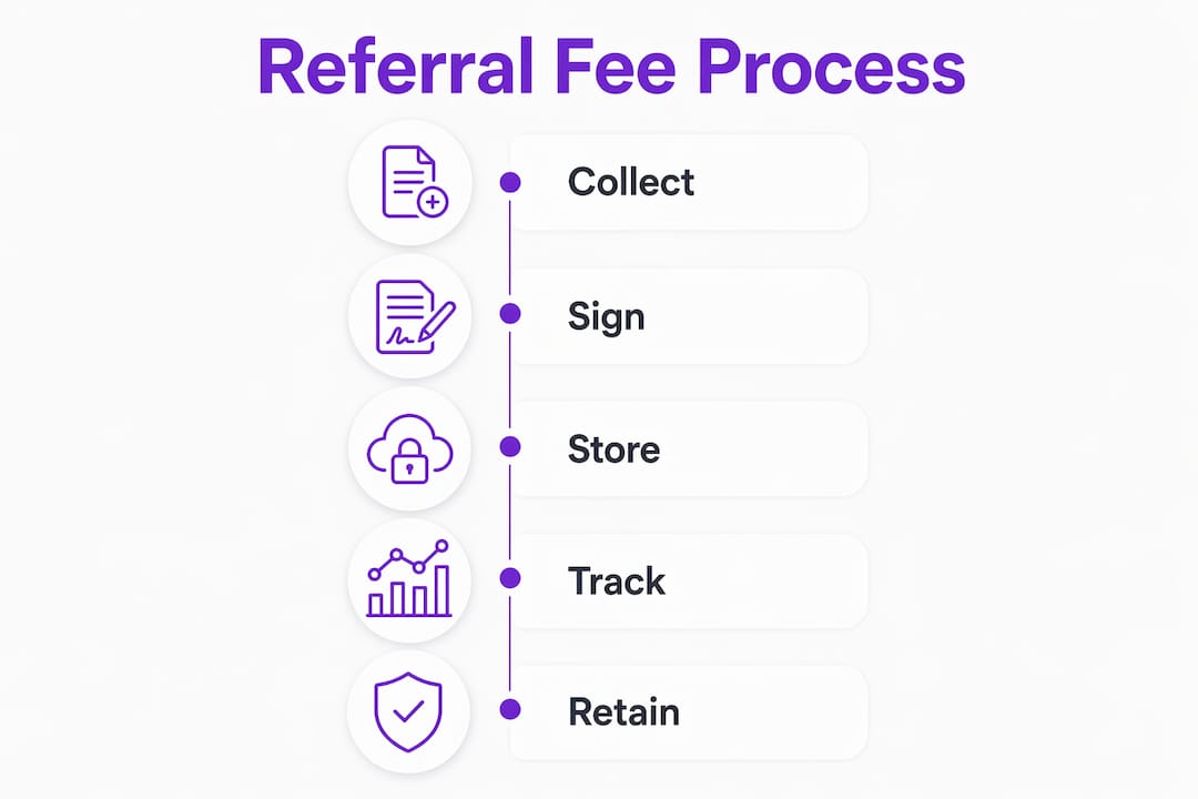 Infographic illustrating referral fee paperwork management steps