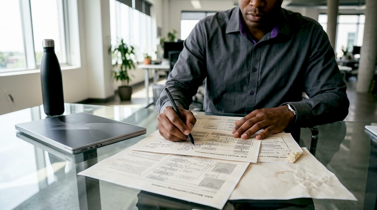 Hands annotating AML KYC workflow documents
