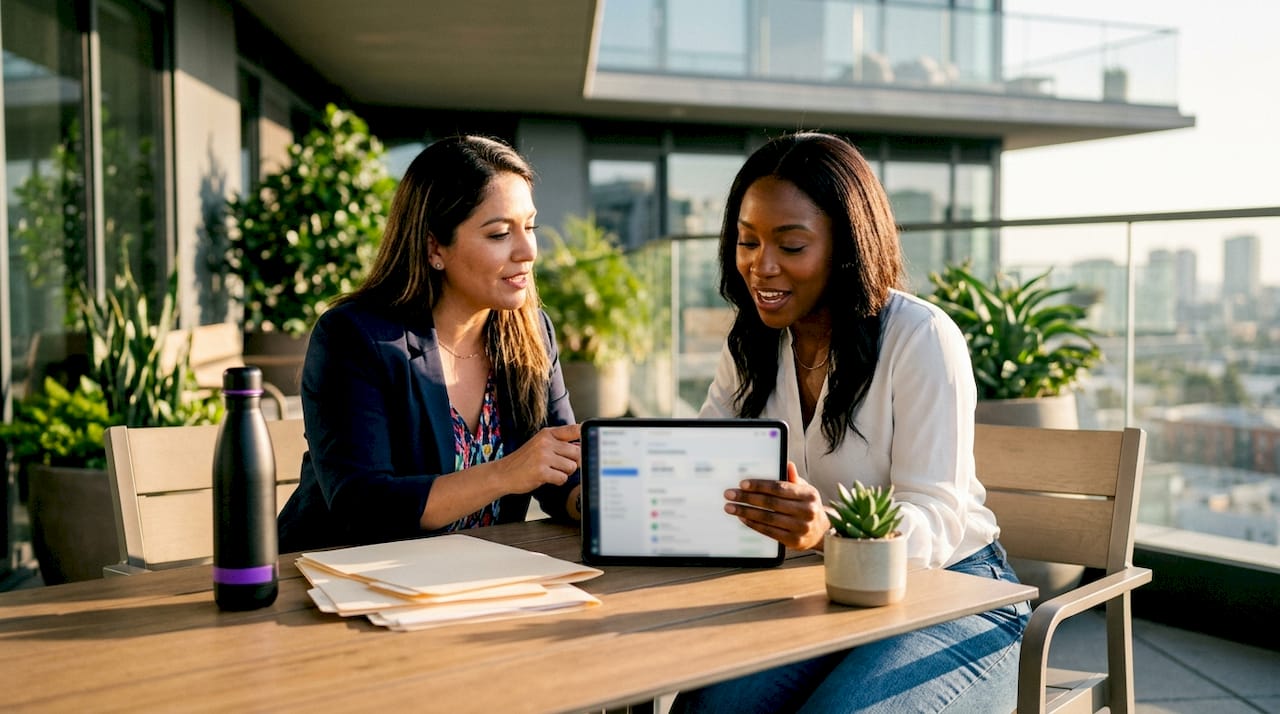 Real estate brokers discussing digital commission payments