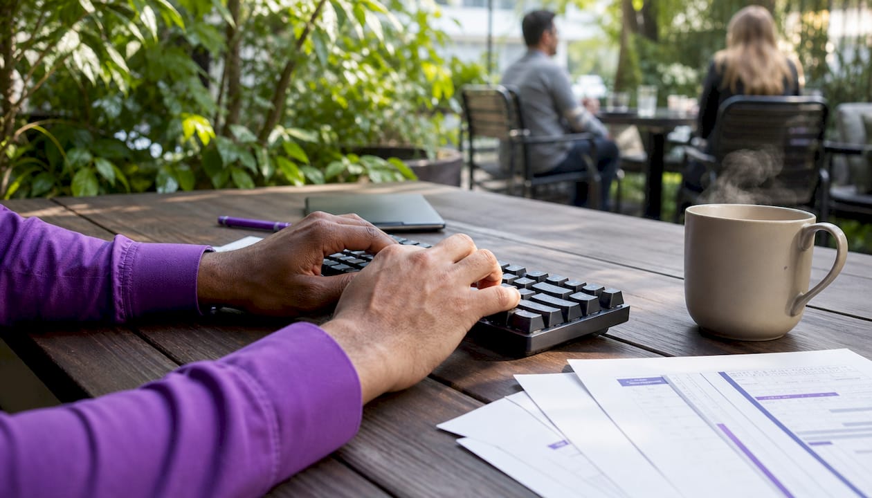 Close-up of hands typing on keyboard and tablet