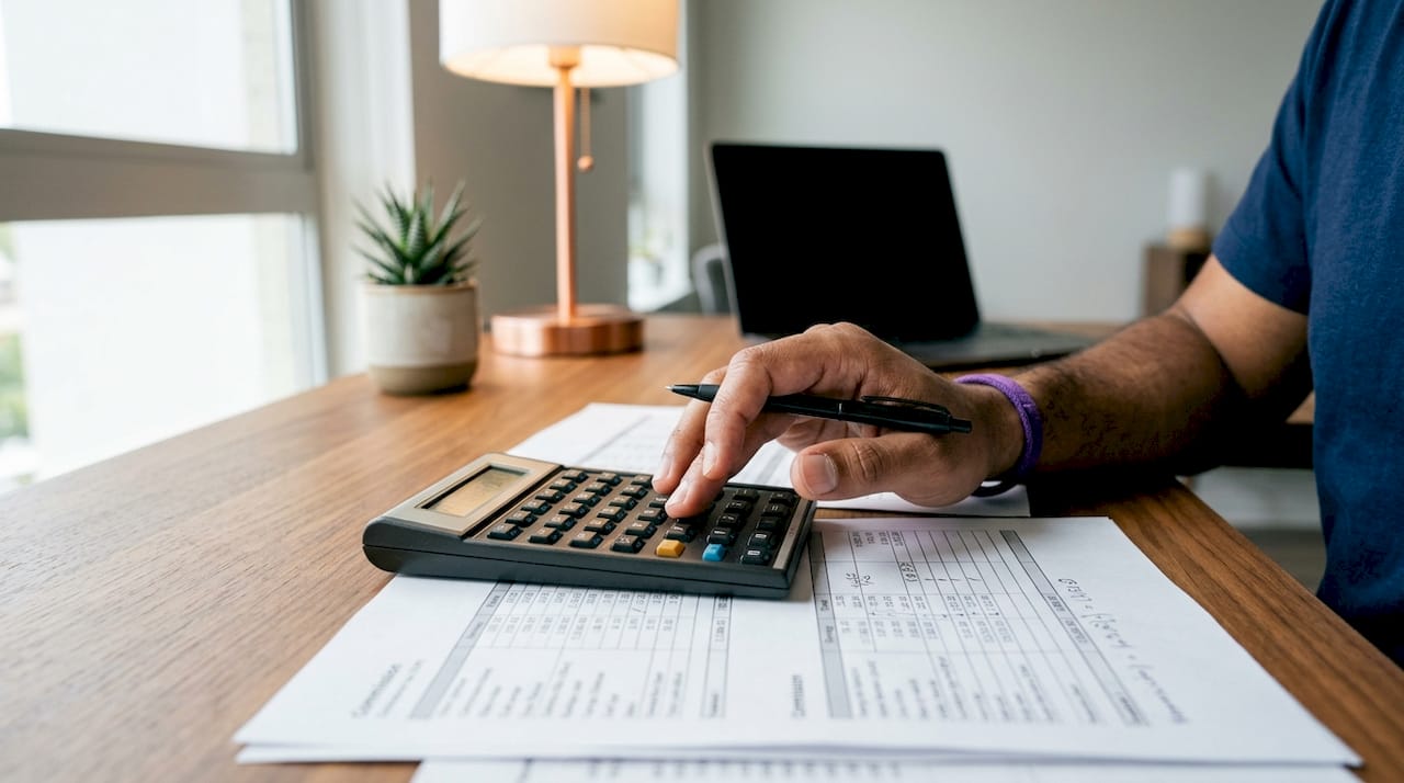 Close-up of hands calculating brokerage payments