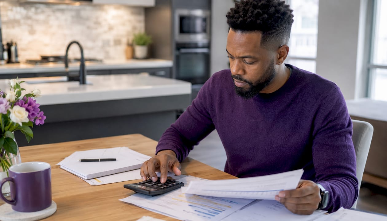 Man calculating brokerage commission figures