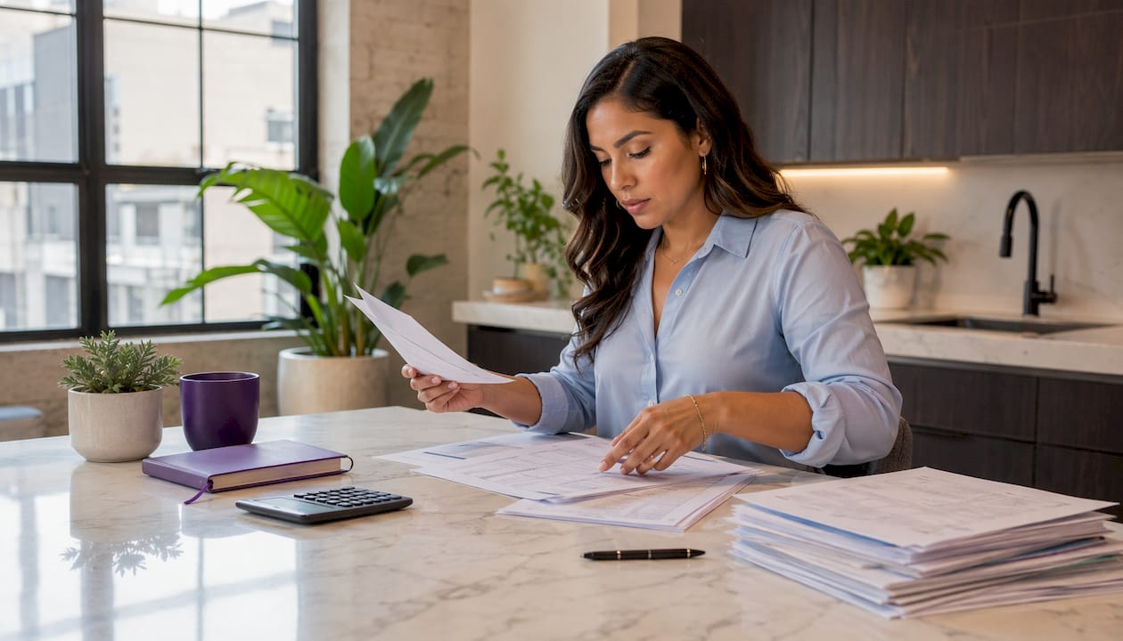 Hands organizing compliance documents on desk