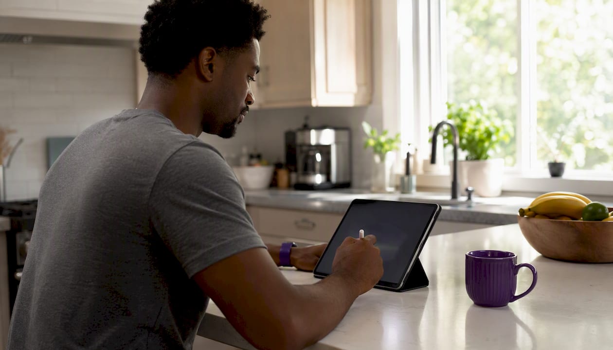 Man using dual monitors in home office setup