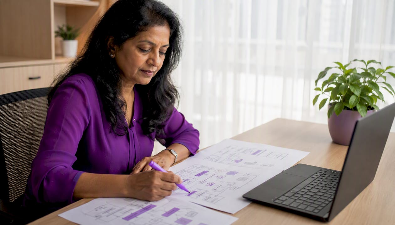 Close-up of hands typing with software documents nearby