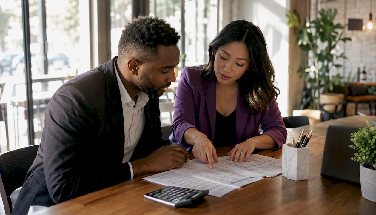 Team reviewing broker referral fee spreadsheets