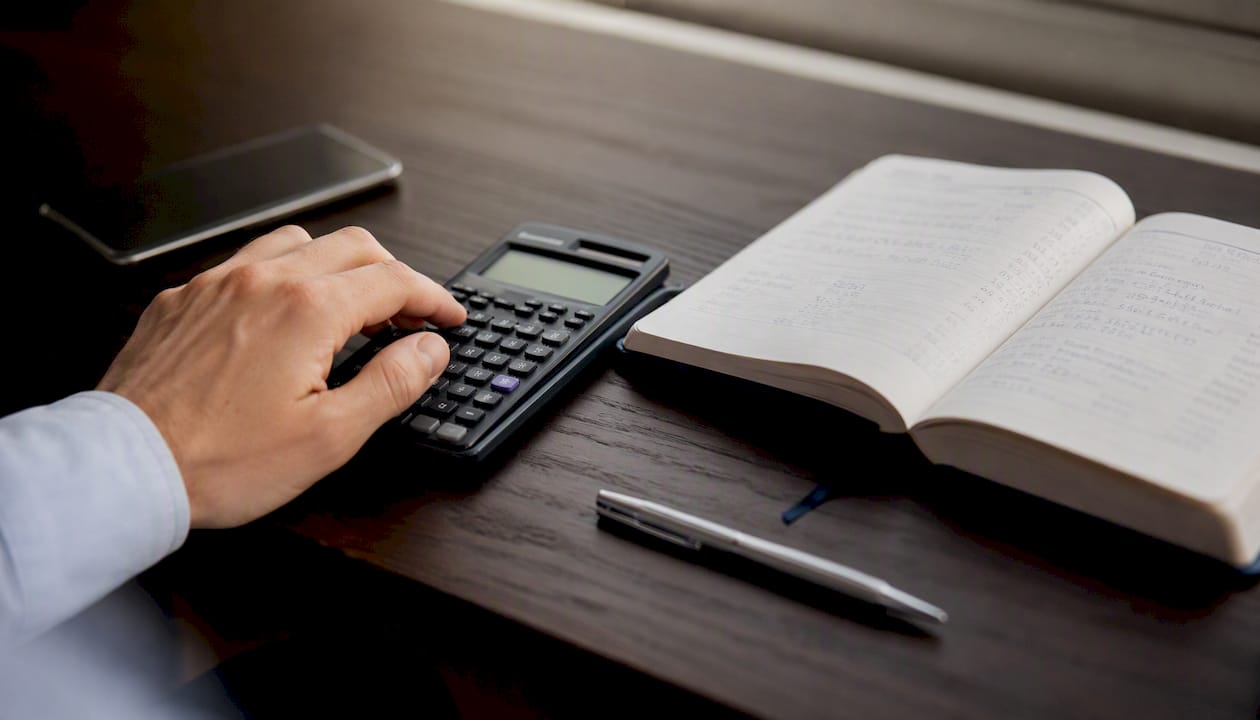 Hand using calculator in brokerage audit setting