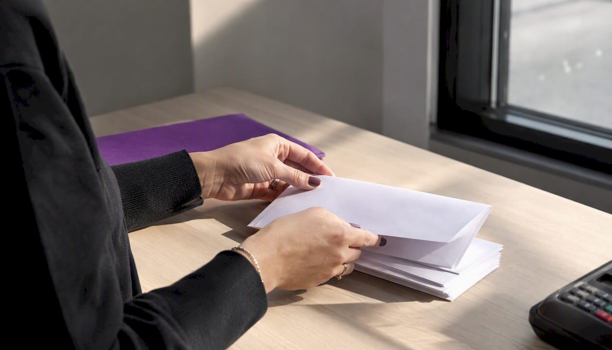 Hands preparing commission payment envelope on desk