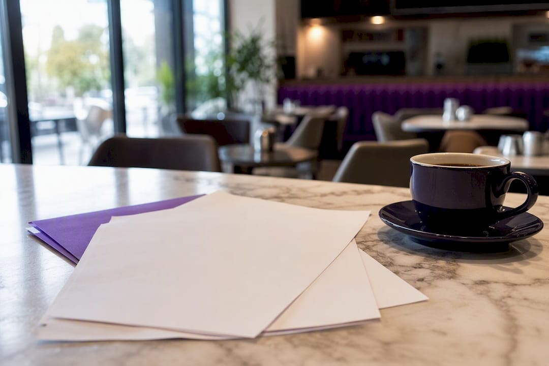 Blank contracts on brokerage desk with coffee