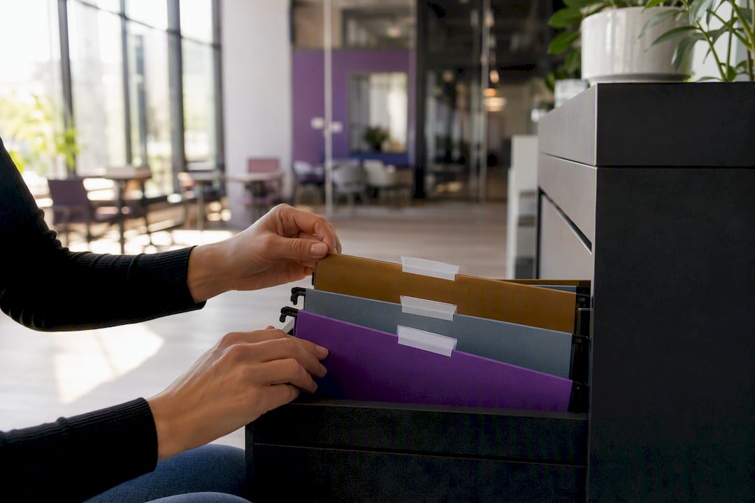 Hands organizing compliance folders in drawer