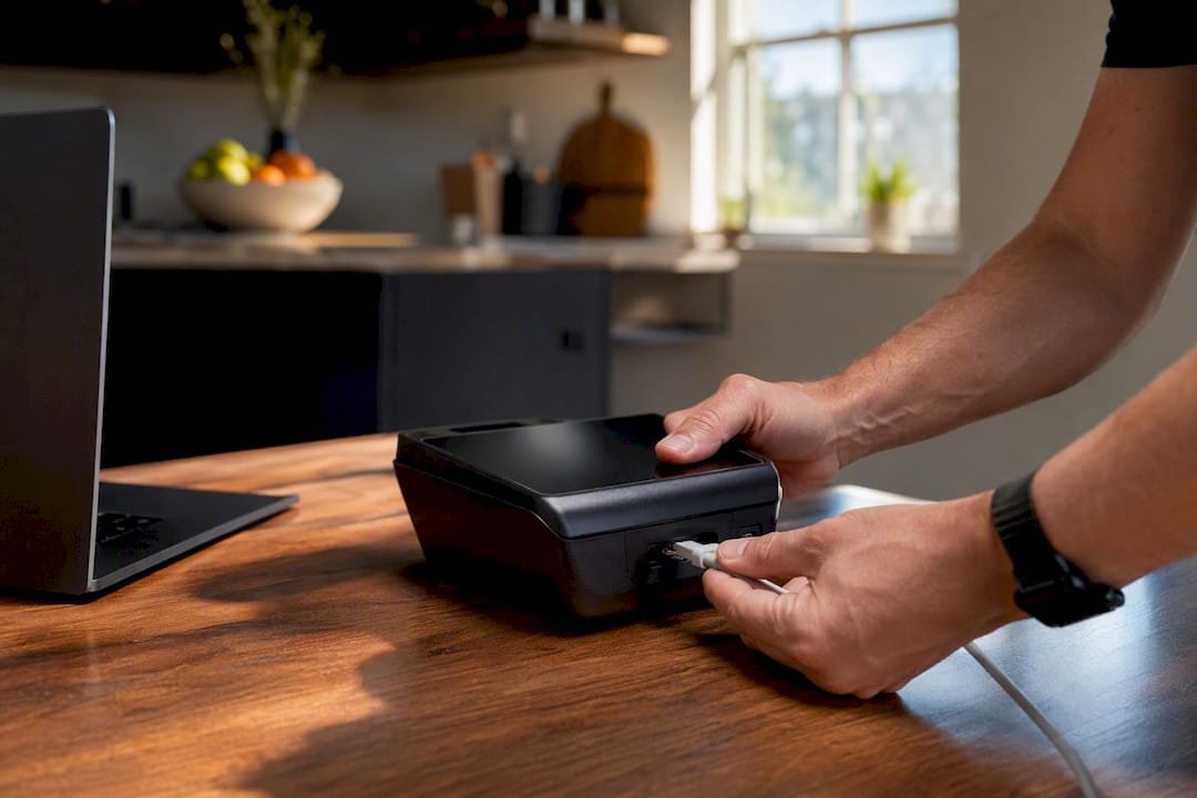 Hands connecting payment gateway device cable