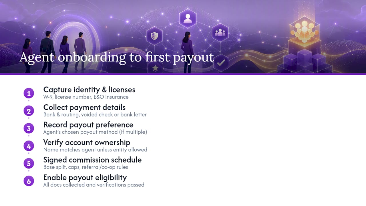 Agent onboarding requirements before payout