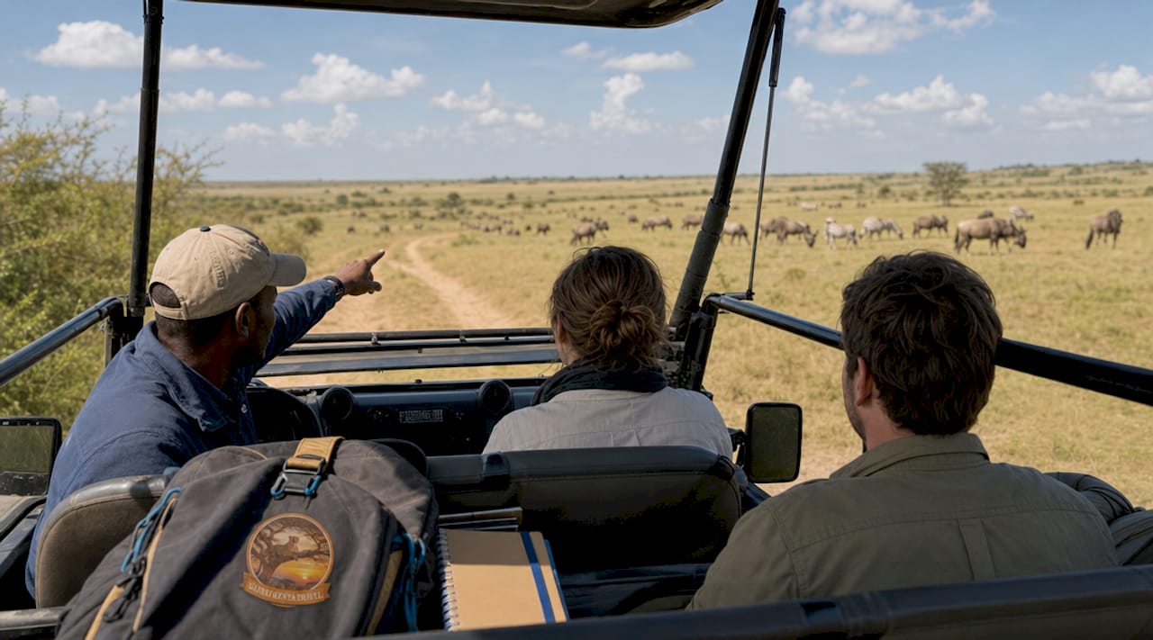 Un safari in jeep tra le savane del Masai Mara, alla ricerca degli gnu che popolano queste terre selvagge. Parchi Kenya